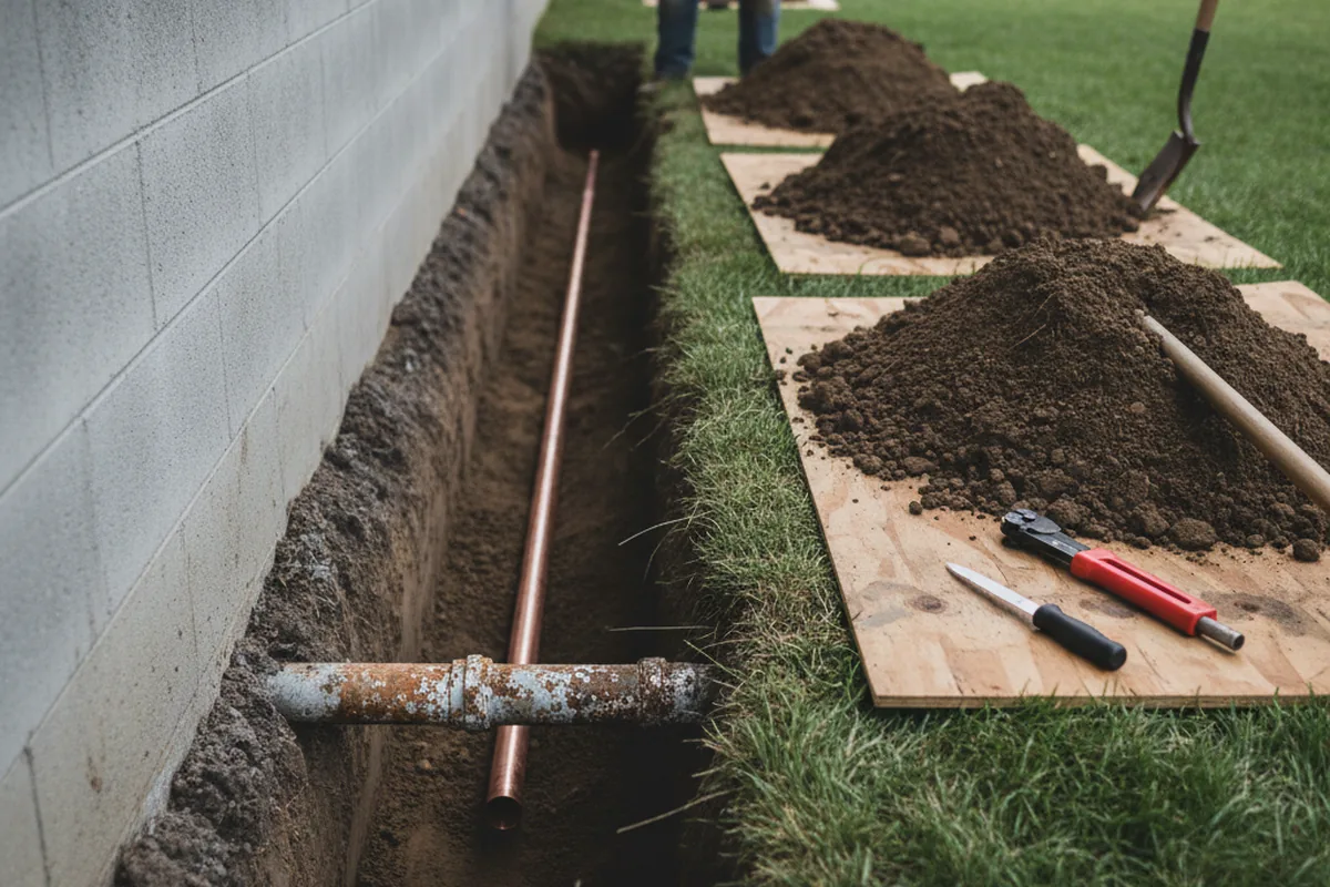 Excavated water line trench during Water Softener Installation in Oxford Junction